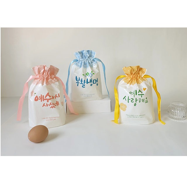 경지사 부활절 계란 비닐끈 주머니 KJ-24 3종류 1세트 (30매) (핑크줄무늬+노랑도트+파랑체크)